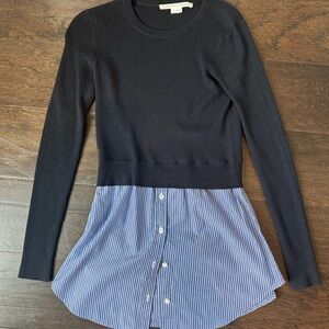 Veronica Beard Knit Top with Blue Striped Skirt